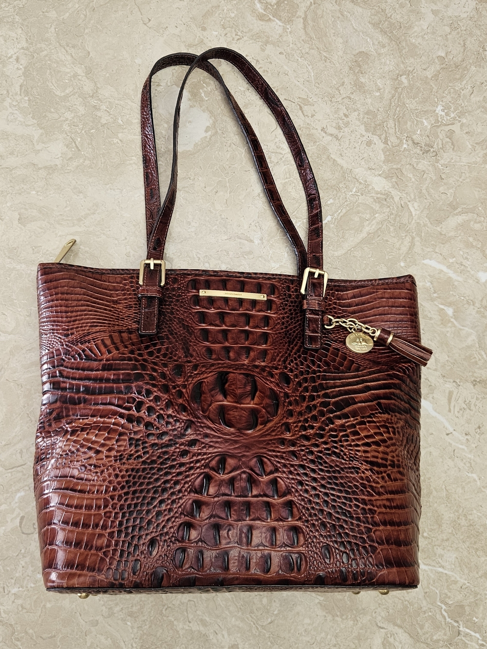 Brahmin Chestnut Croc-Embossed Leather Tote with Gold Accents